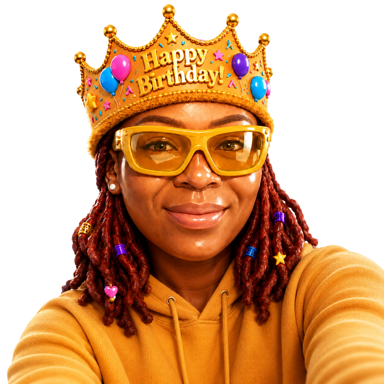 Quinta — founder of Confetti, wearing a Happy Birthday crown